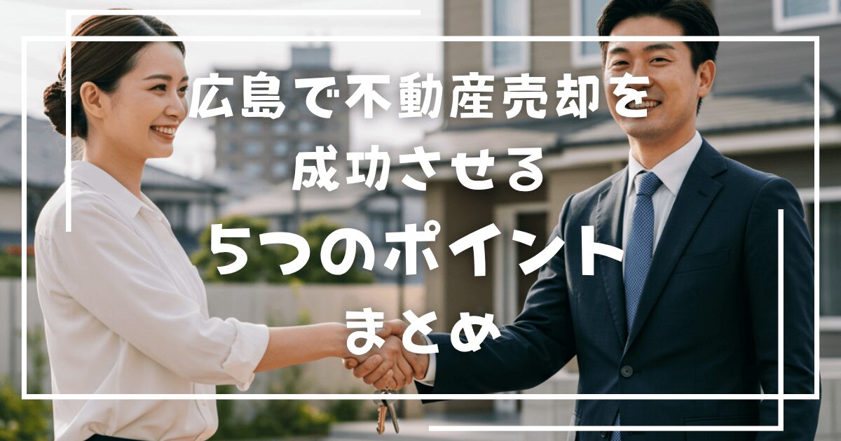 広島で不動産売却を成功させる5つのポイントまとめ 複数社に査定依頼し、適正価格を見極める 　→ 広島の地域相場を理解することが第一歩。 信頼できる不動産会社を見つける 　→ 実績・対応力・誠実さをチェック。担当者の“人間力”が結果を左右します。