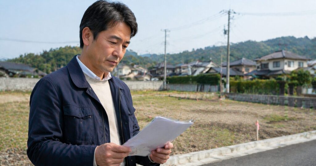 東広島市で相続した土地の前に立ち書類を確認している男性